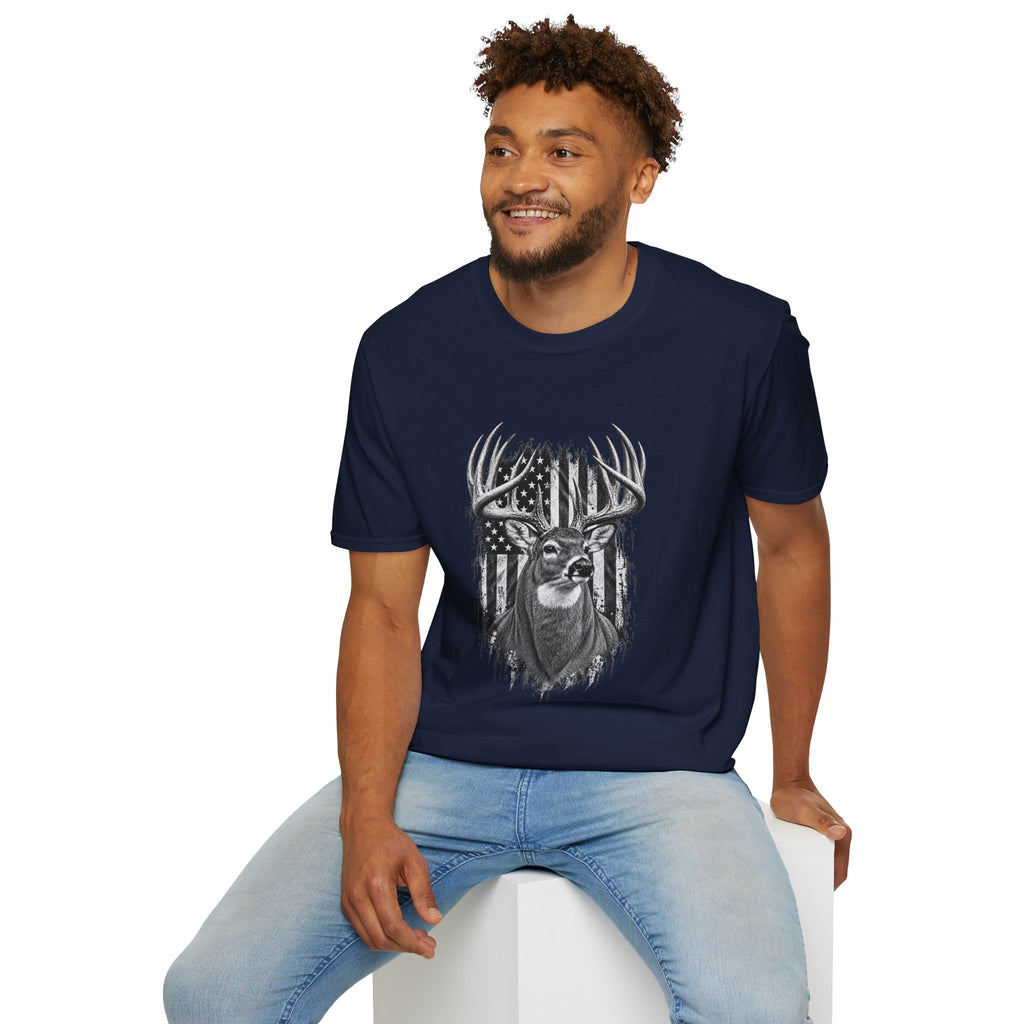 Buck Hunting T-Shirt, Distressed American Flag Deer Graphic Tee, Adult Classic Fit