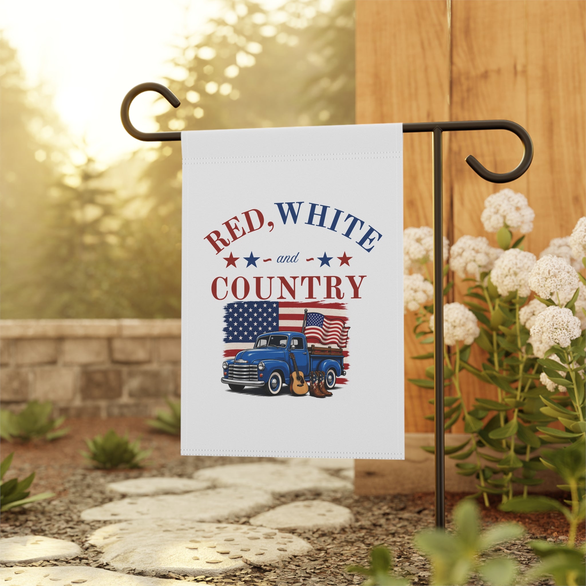 Red, White and Country Garden Flag — Patriotic Truck & Guitar House Banner