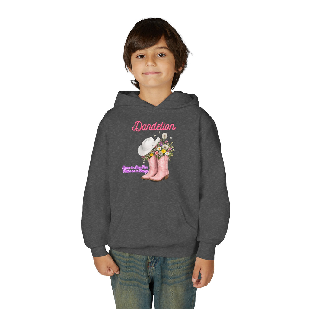 Dandelion Youth Hoodie – Pink Cowboy Boots & Flower Bouquet Kids Sweatshirt