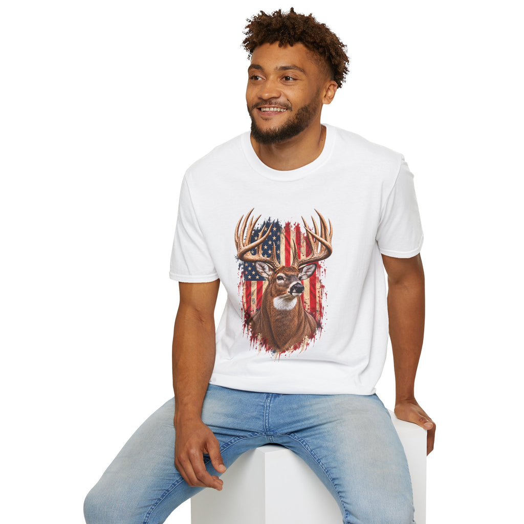 Whitetail Buck American Flag T-Shirt, Patriotic Deer Hunting Tee, Lightweight Cotton