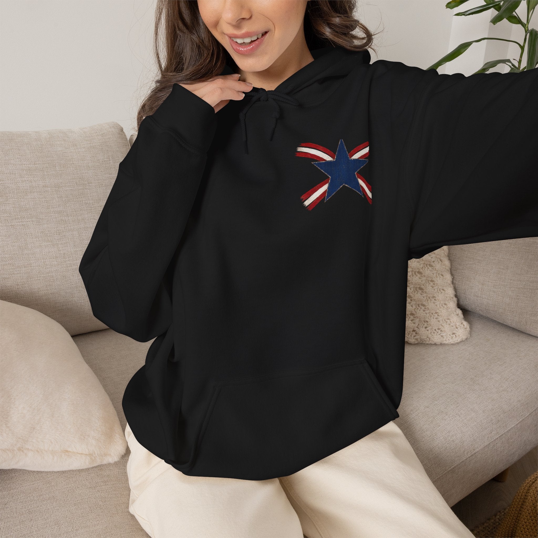 Patriotic Star & Shield Hoodie — USA Flag Graphic Pullover for 4th of July