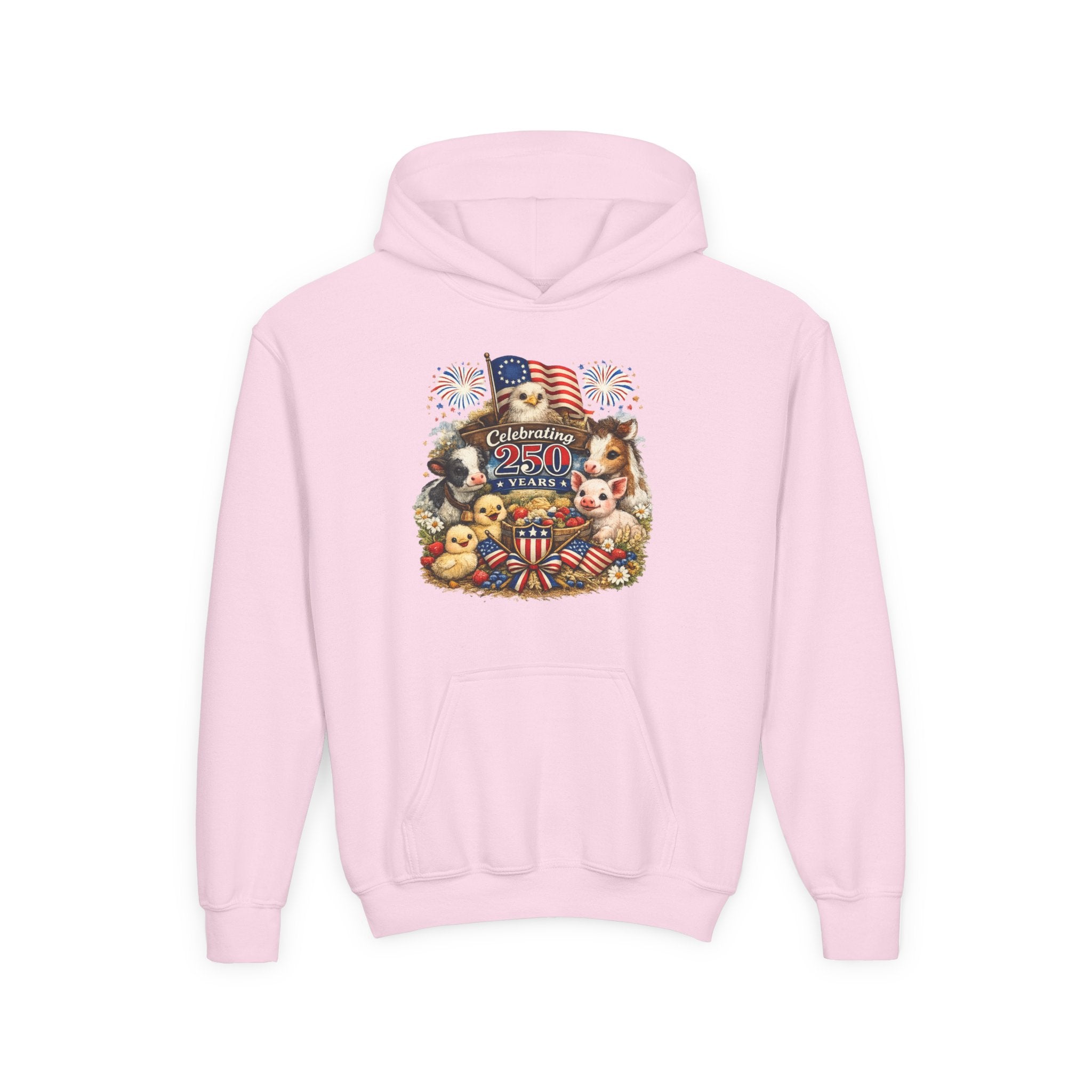 Youth 4th of July Hoodie - "Celebrate 250 Years" Cute Patriotic Animals Design