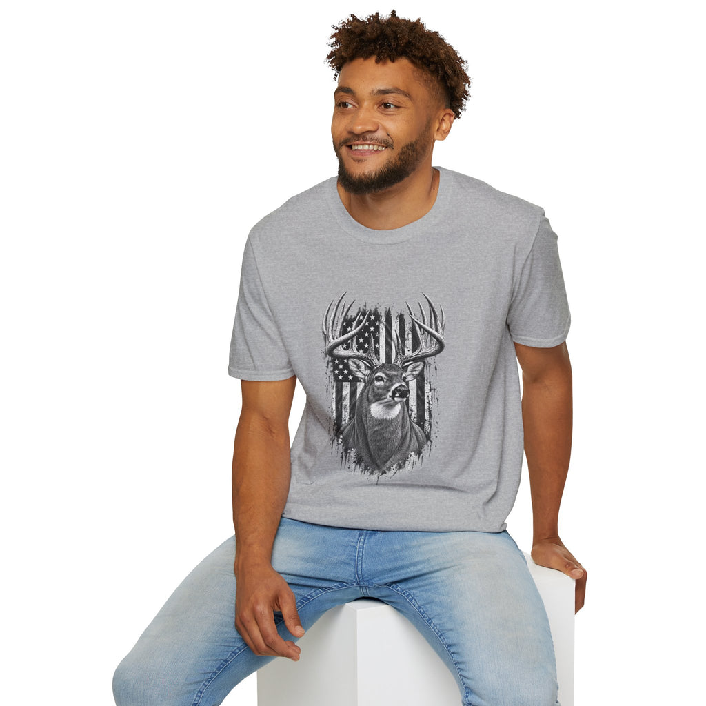 Buck Hunting T-Shirt, Distressed American Flag Deer Graphic Tee, Adult Classic Fit