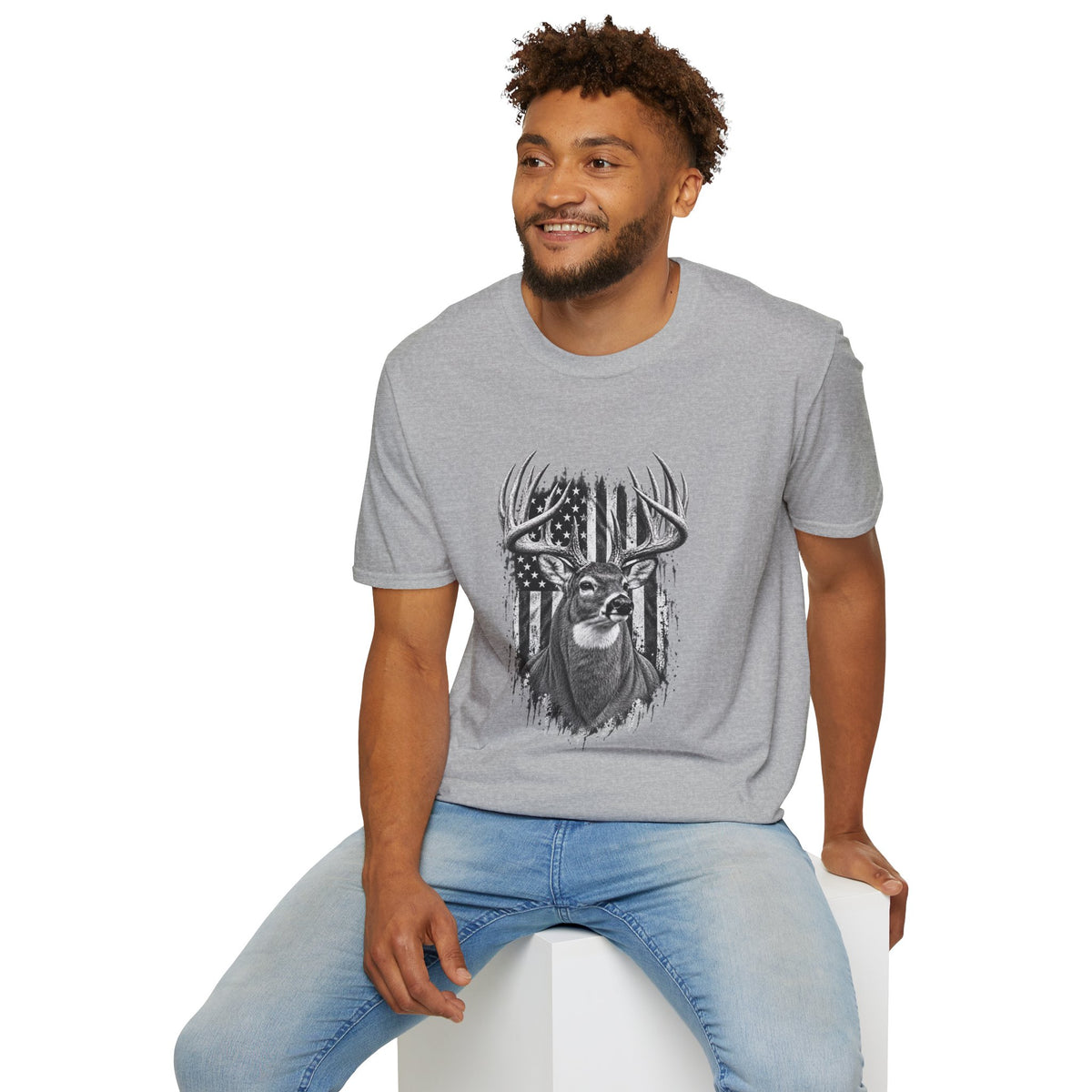 Buck Hunting T-Shirt, Distressed American Flag Deer Graphic Tee, Adult Classic Fit