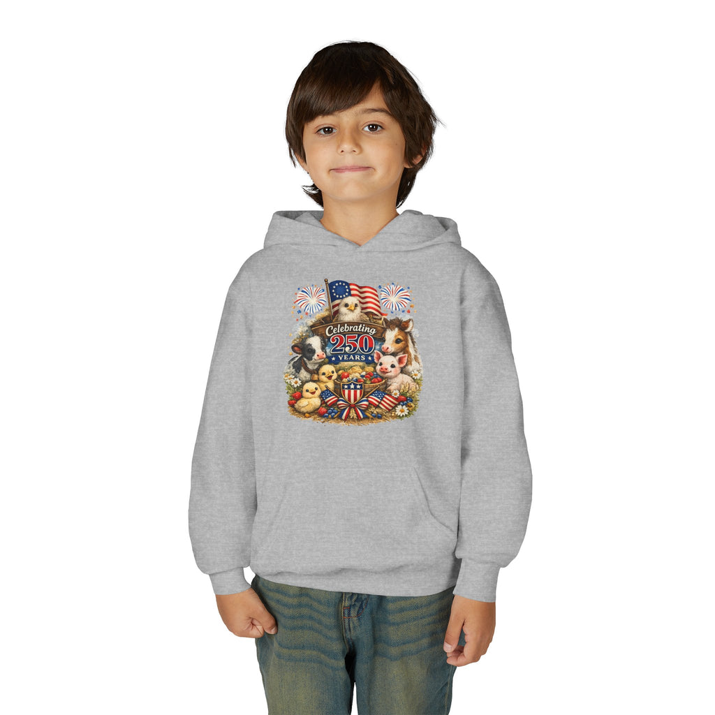 Youth 4th of July Hoodie - "Celebrate 250 Years" Cute Patriotic Animals Design