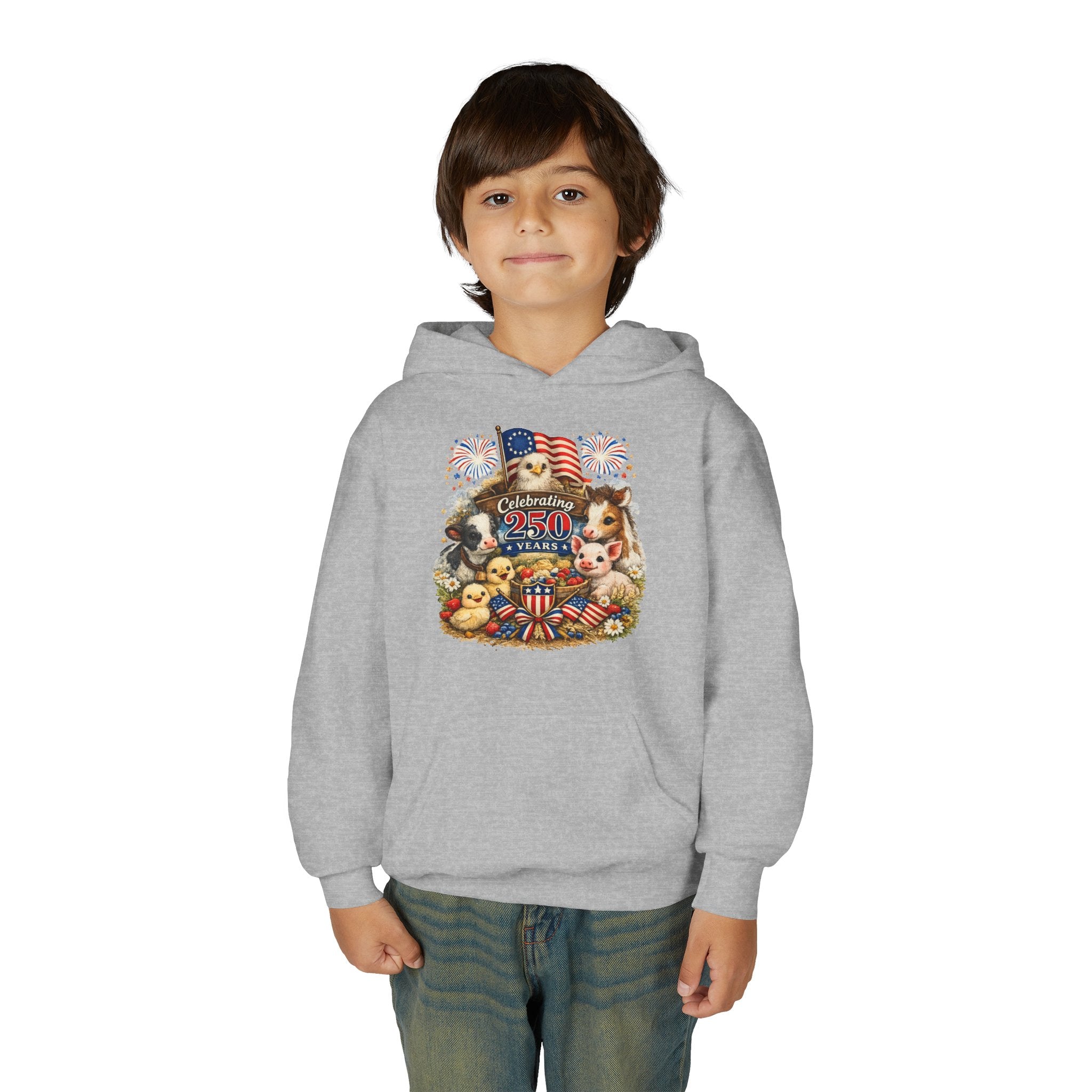 Youth 4th of July Hoodie - "Celebrate 250 Years" Cute Patriotic Animals Design