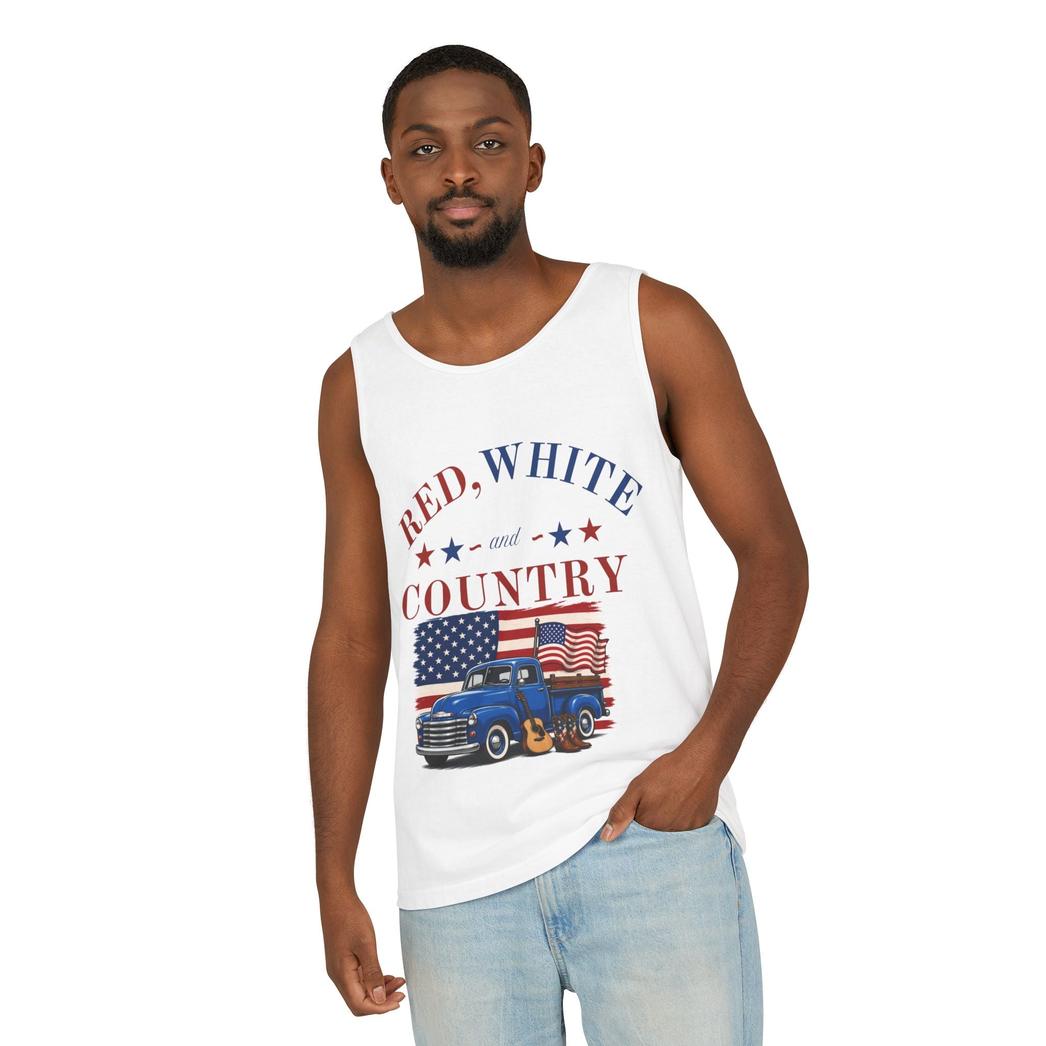 Patriotic Tank Top – "Red, White and Country" Vintage Truck | "Land of the Free" 4th of July Tank