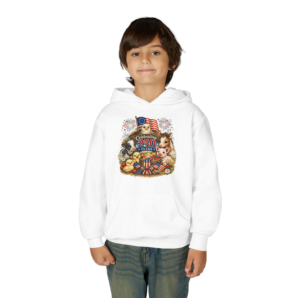 Youth 4th of July Hoodie - "Celebrate 250 Years" Cute Patriotic Animals Design