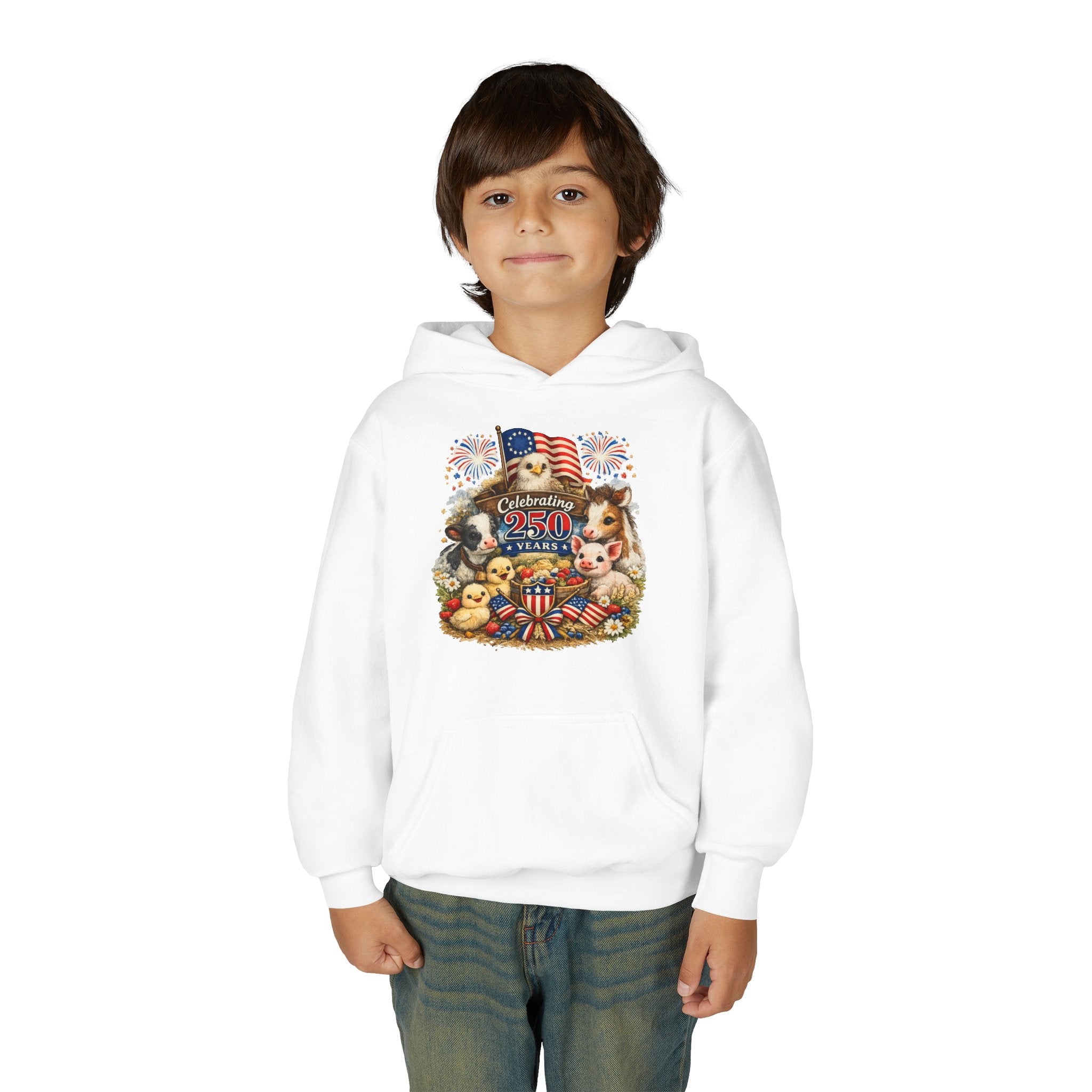 Youth 4th of July Hoodie - "Celebrate 250 Years" Cute Patriotic Animals Design