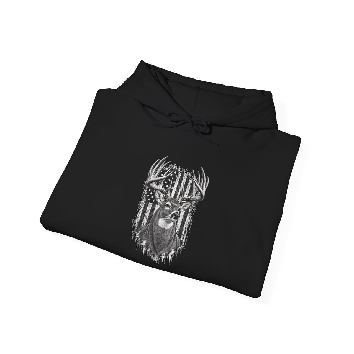 Buck Deer Hoodie with Distressed American Flag, Black Pullover Sweatshirt