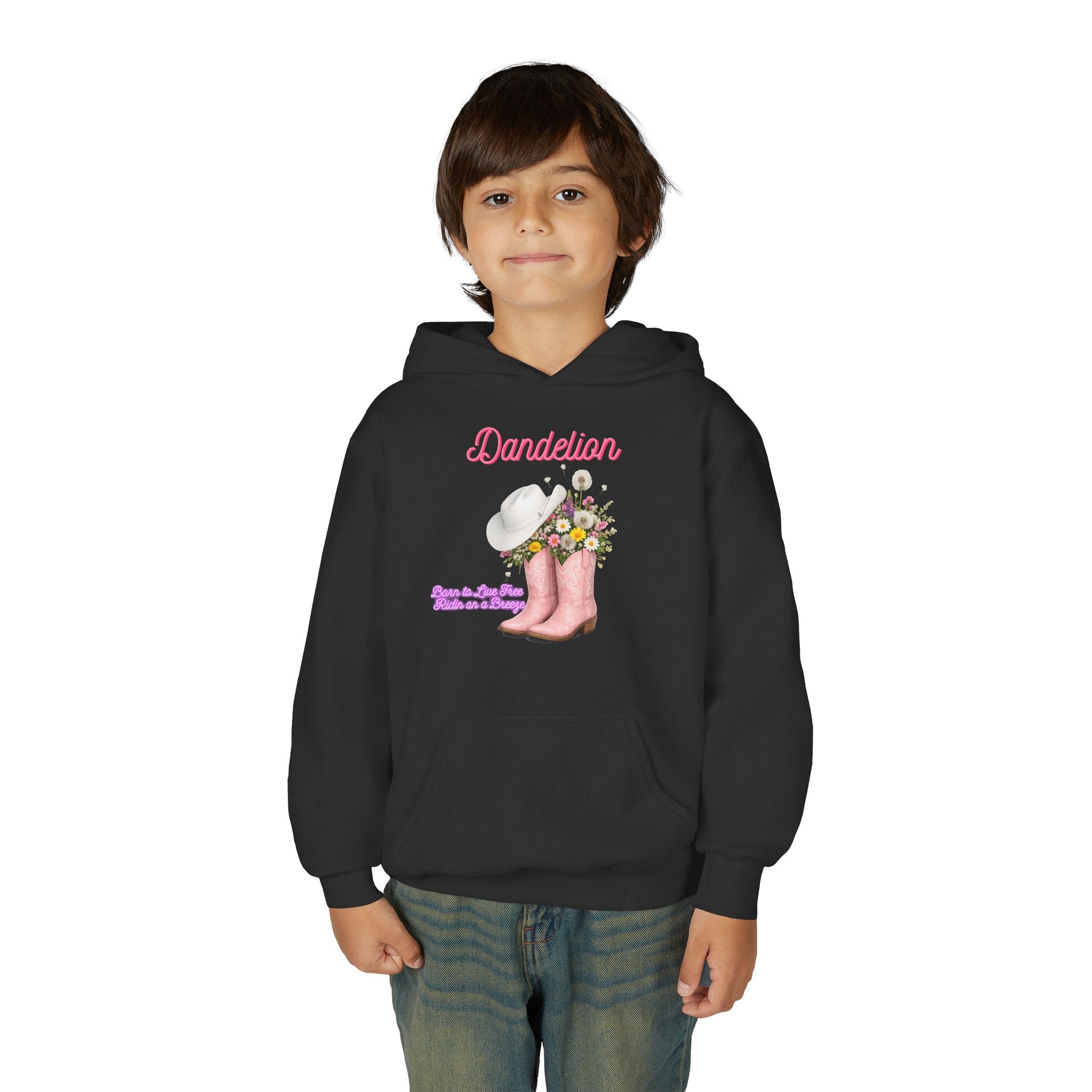 Dandelion Youth Hoodie – Pink Cowboy Boots & Flower Bouquet Kids Sweatshirt