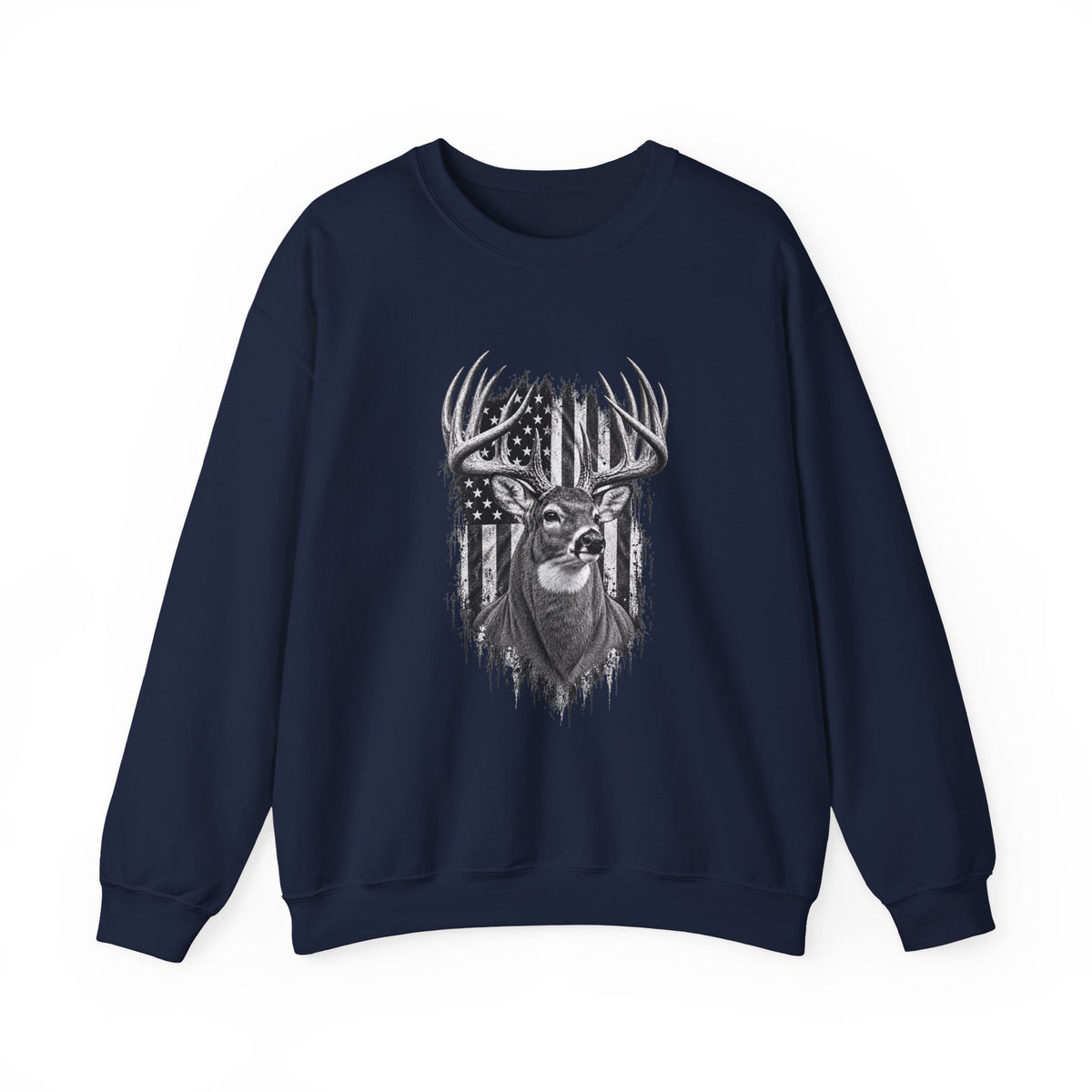 Deer Crewneck Sweatshirt with Distressed American Flag and Black and White Buck Design