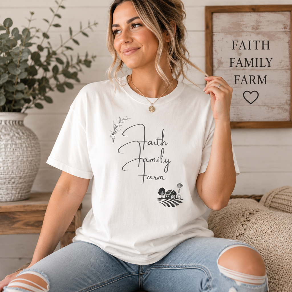 Faith Family Farm T-Shirt — Rustic Farmhouse Scripture Tee
