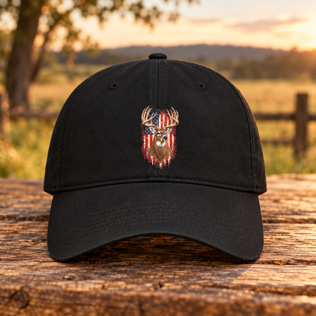 Whitetail Buck American Flag Hat, Adjustable Cotton Dad Cap