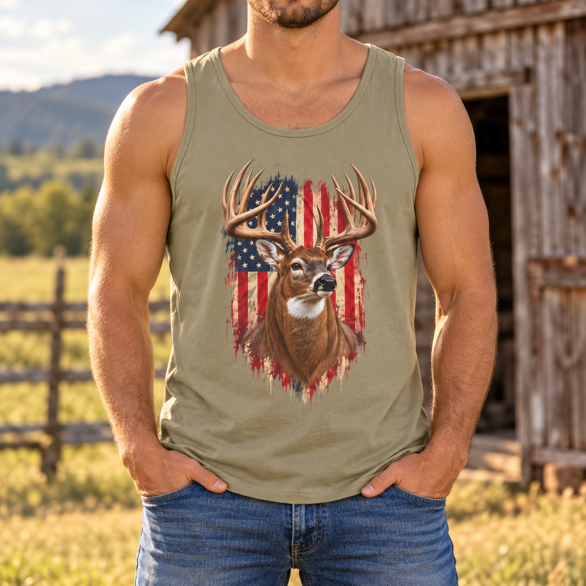 Buck American Flag Tank Top, Garment-Dyed Cotton, Relaxed Fit