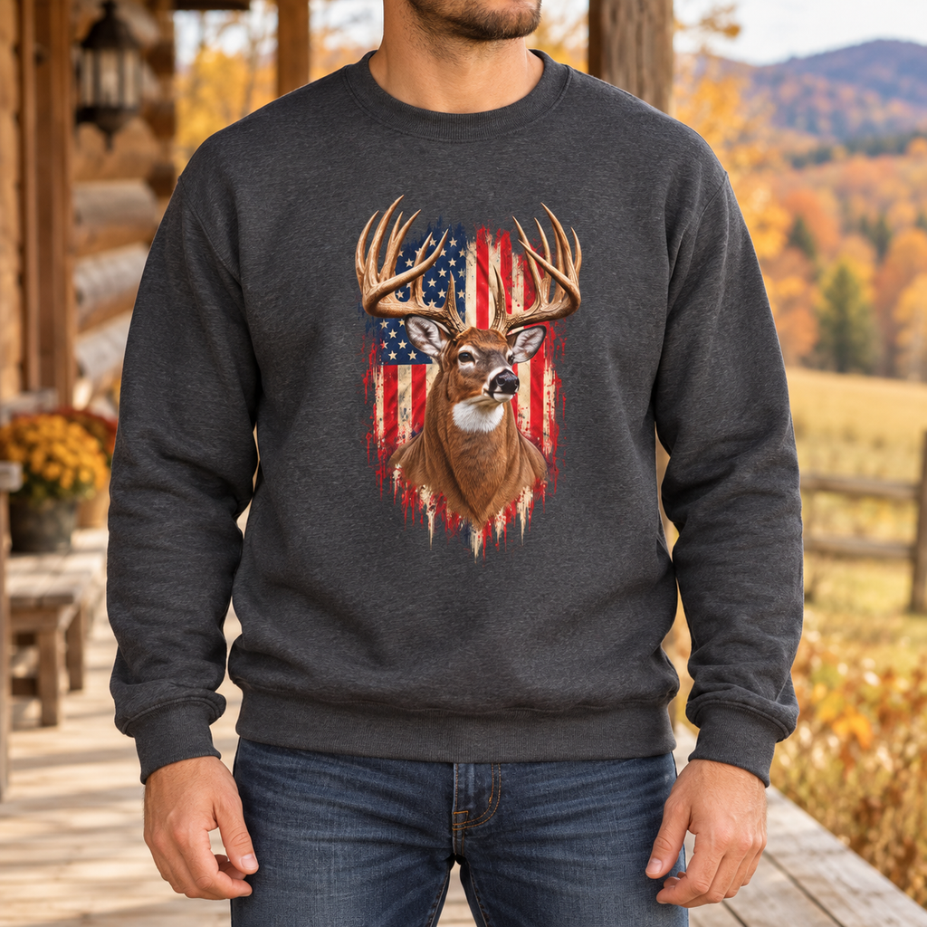 American Flag Buck Deer Sweatshirt | Patriotic Hunting Wildlife Crewneck