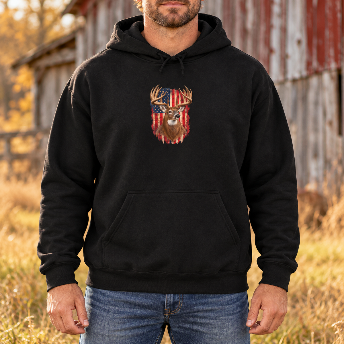 American Flag Deer Head Hoodie | Patriotic Buck Graphic Sweatshirt