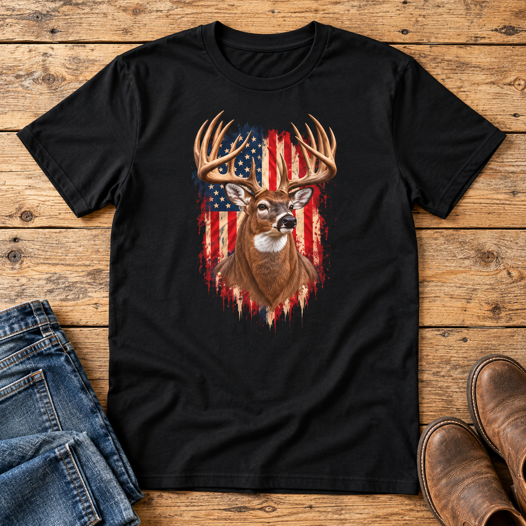 Whitetail Buck American Flag T-Shirt, Patriotic Deer Hunting Tee, Lightweight Cotton