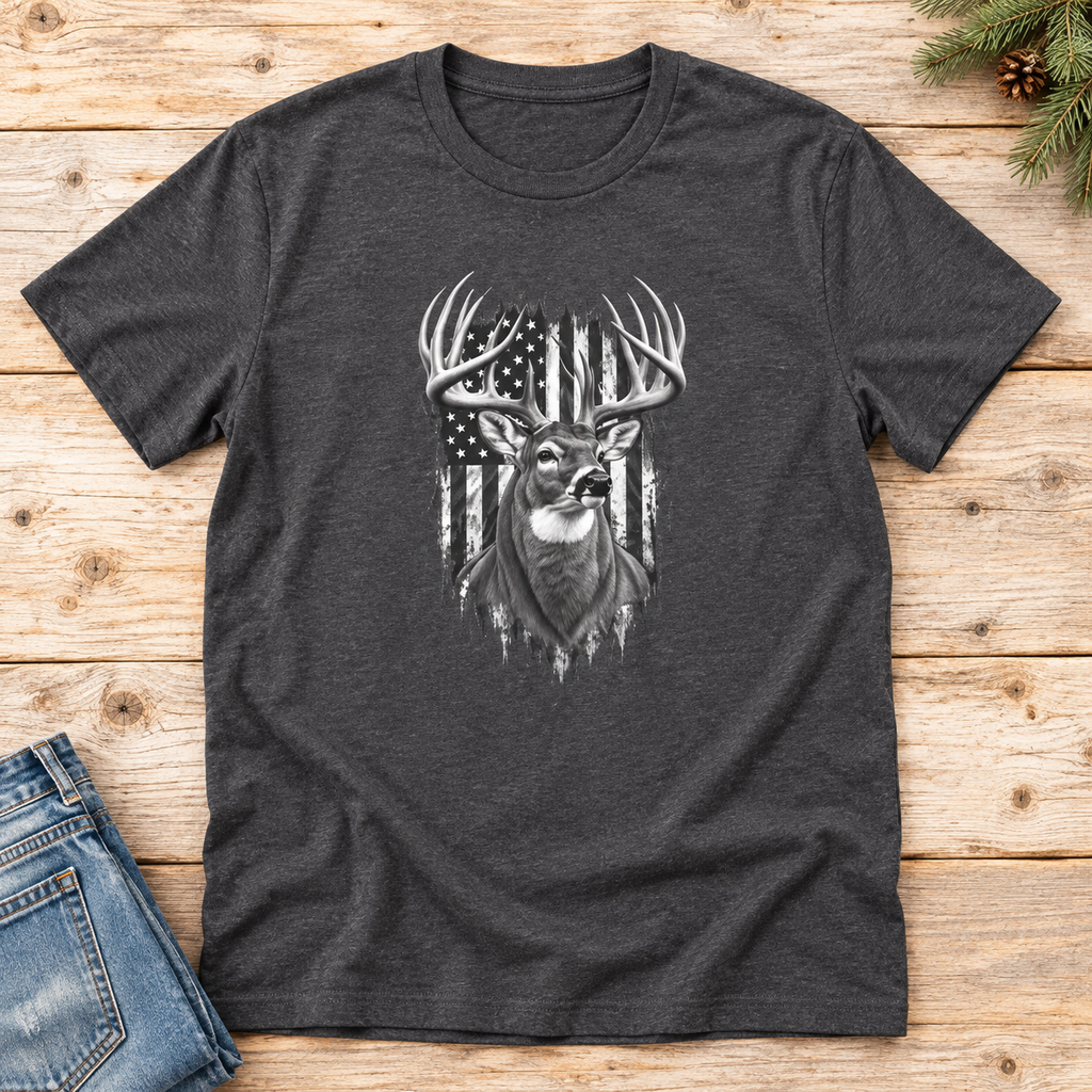 Buck Hunting T-Shirt, Distressed American Flag Deer Graphic Tee, Adult Classic Fit