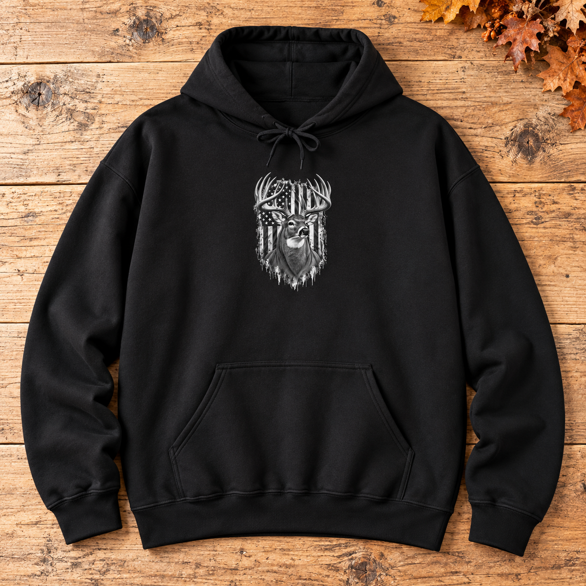 Buck Deer Hoodie with Distressed American Flag, Black Pullover Sweatshirt