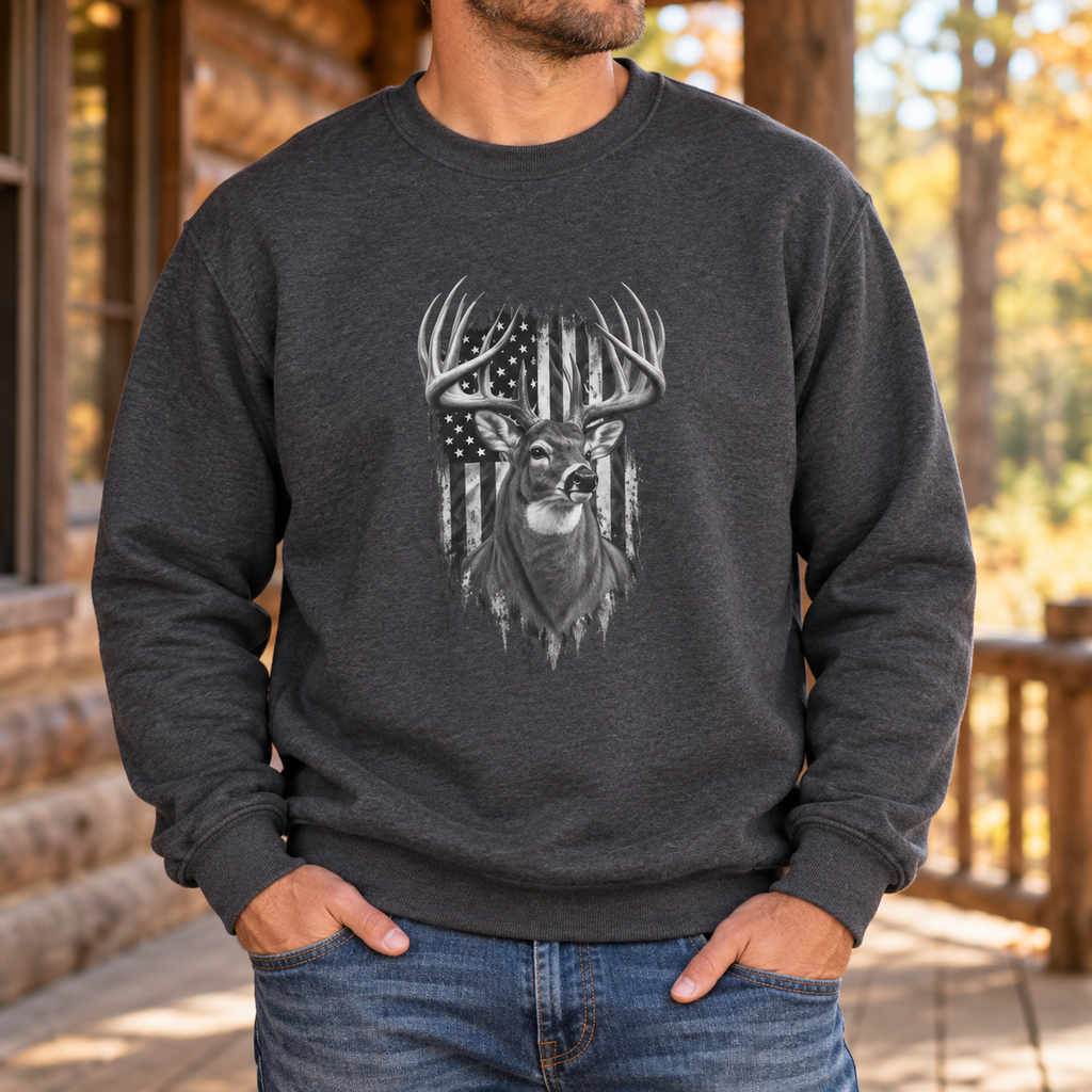 Deer Crewneck Sweatshirt with Distressed American Flag and Black and White Buck Design