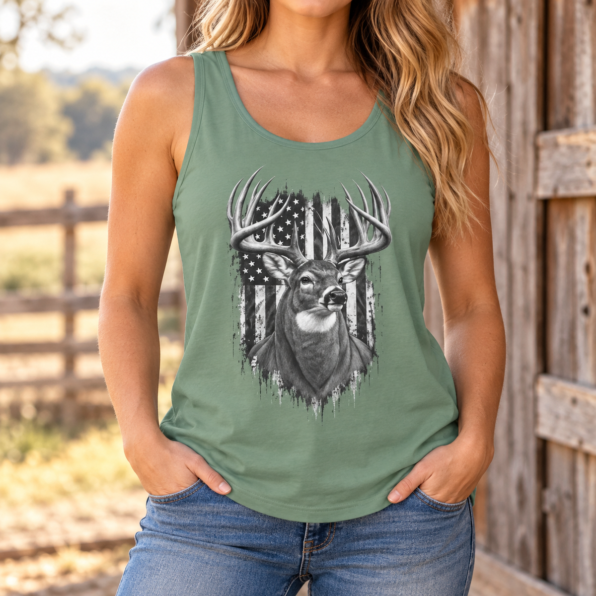 Buck Deer American Flag Tank Top, Garment-Dyed Cotton, Relaxed Fit