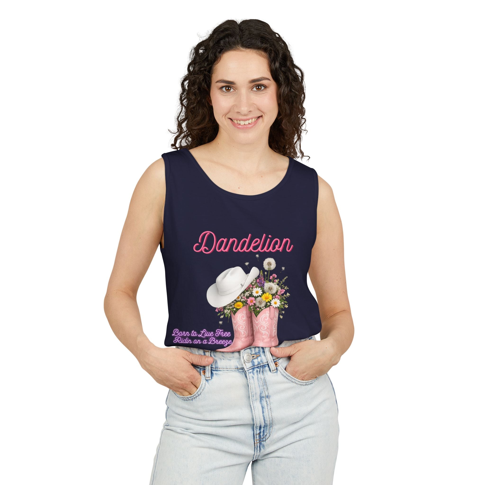Dandelion Pink Cowboy Boots Tank Top — Floral Western Summer Tee
