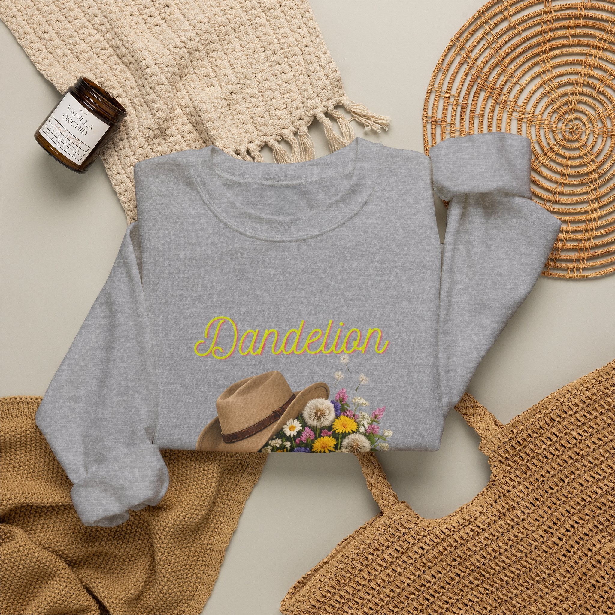 Dandelion Cowboy Boots & Hat Sweatshirt — Floral Western Crewneck