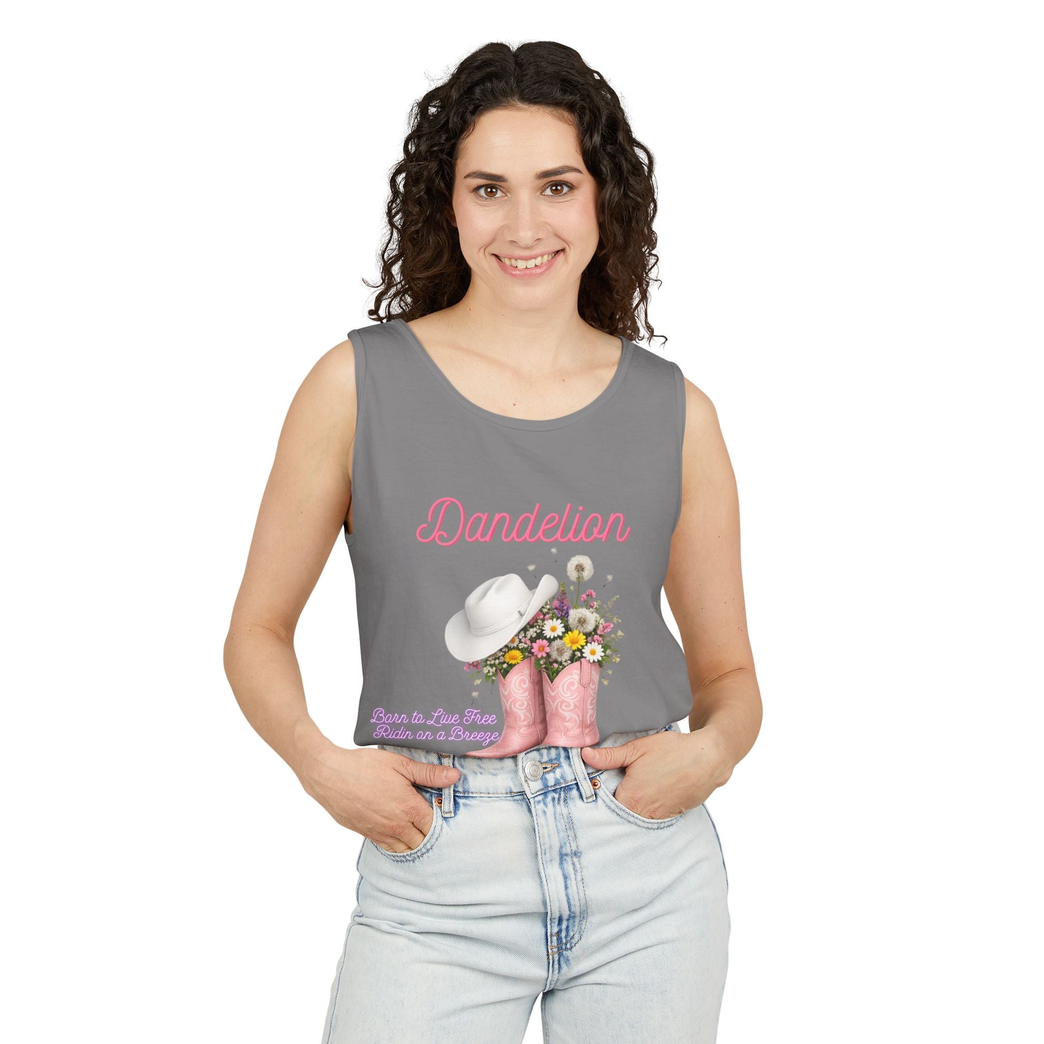 Dandelion Pink Cowboy Boots Tank Top — Floral Western Summer Tee