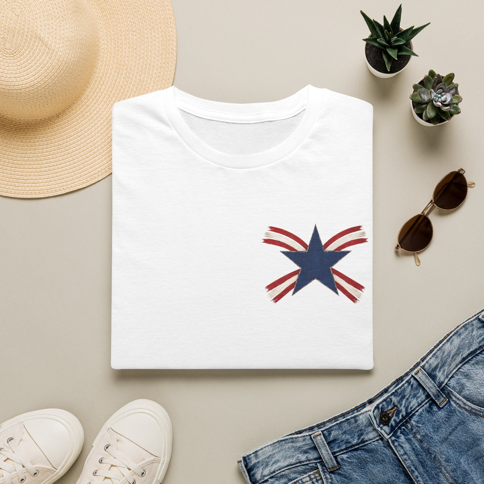 Patriotic Star Tee — Small Distressed Navy Star with Red Stripes