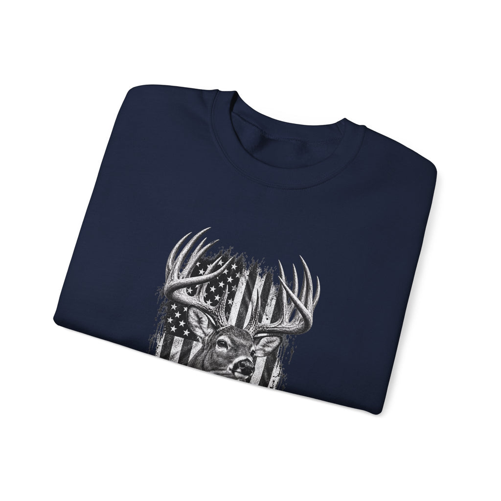 Deer Crewneck Sweatshirt with Distressed American Flag and Black and White Buck Design
