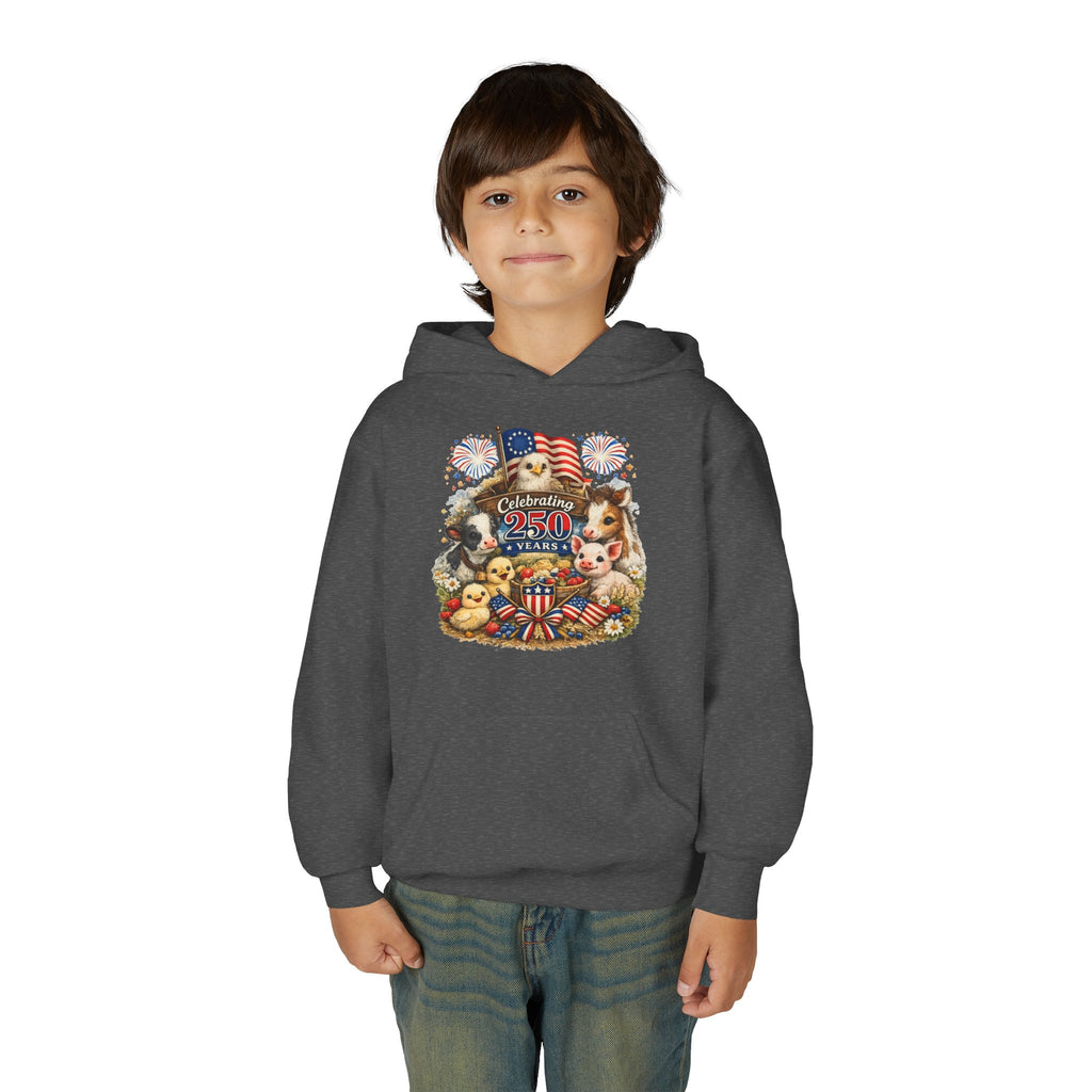 Youth 4th of July Hoodie - "Celebrate 250 Years" Cute Patriotic Animals Design