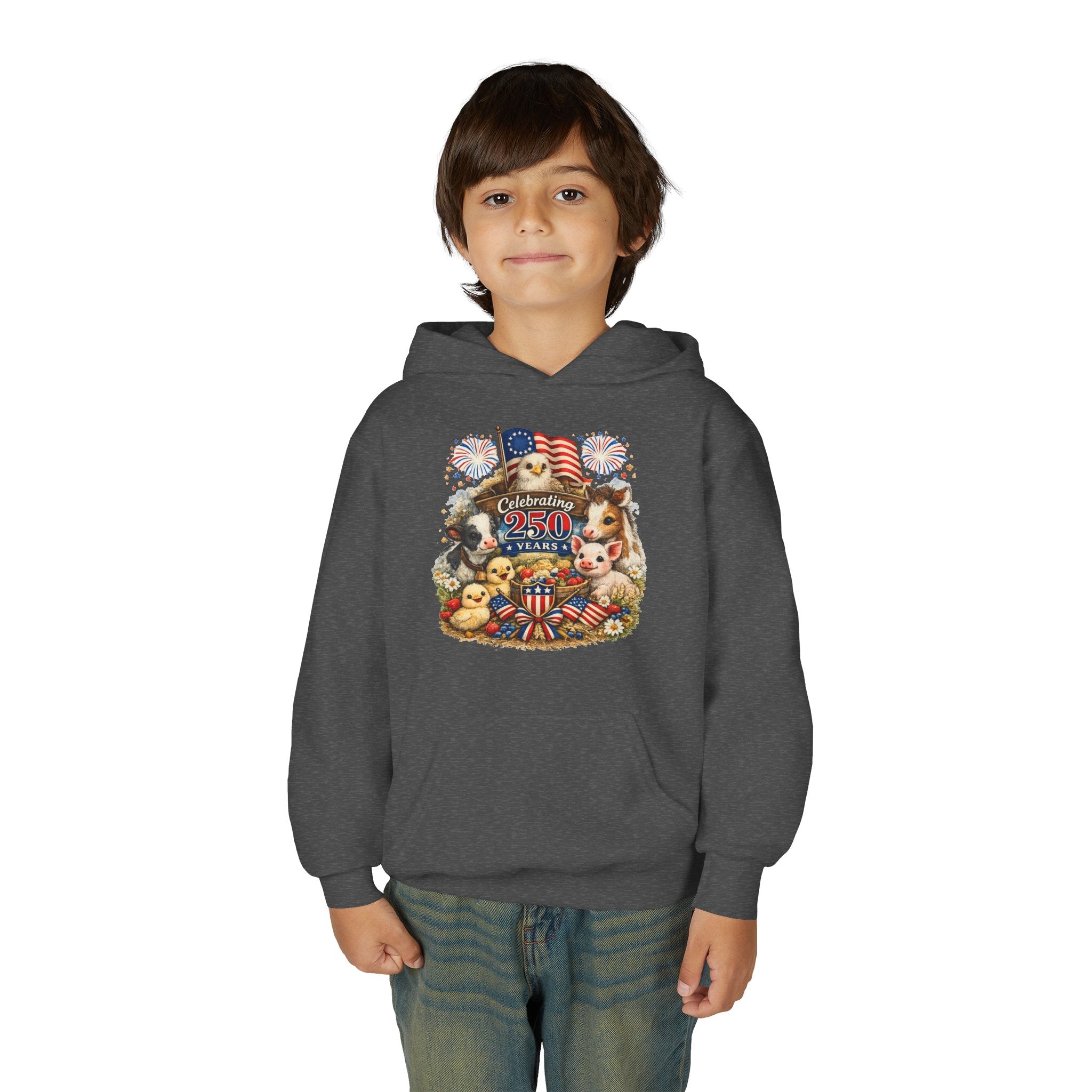 Youth 4th of July Hoodie - "Celebrate 250 Years" Cute Patriotic Animals Design