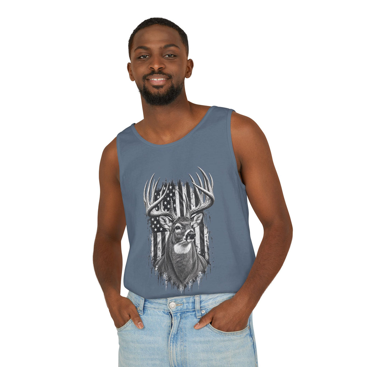 Buck Deer American Flag Tank Top, Garment-Dyed Cotton, Relaxed Fit