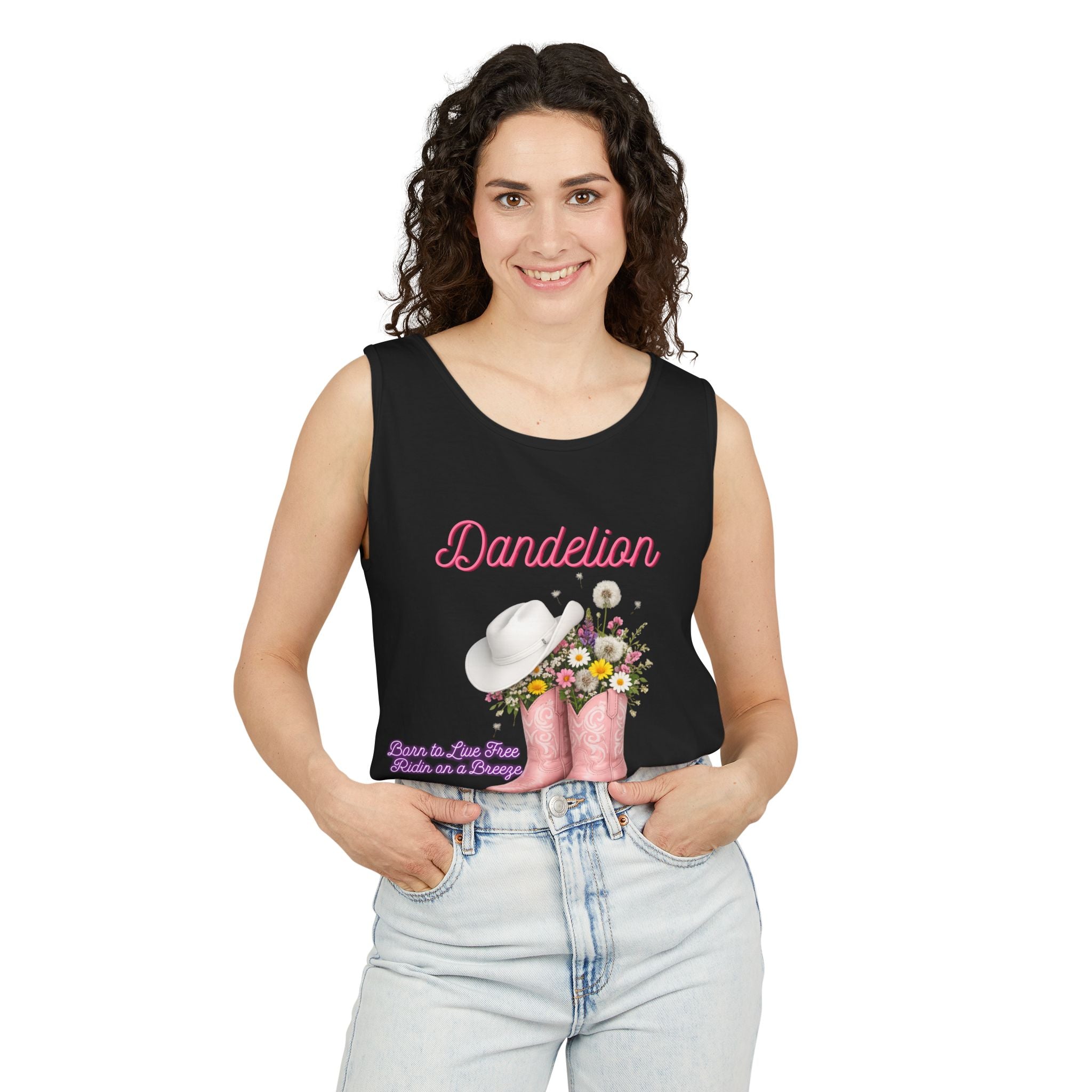 Dandelion Pink Cowboy Boots Tank Top — Floral Western Summer Tee