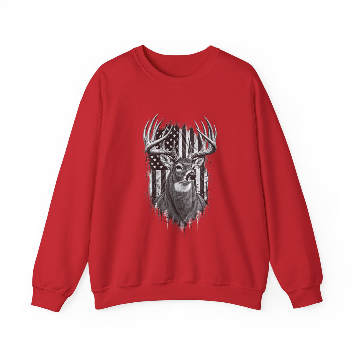 Deer Crewneck Sweatshirt with Distressed American Flag and Black and White Buck Design