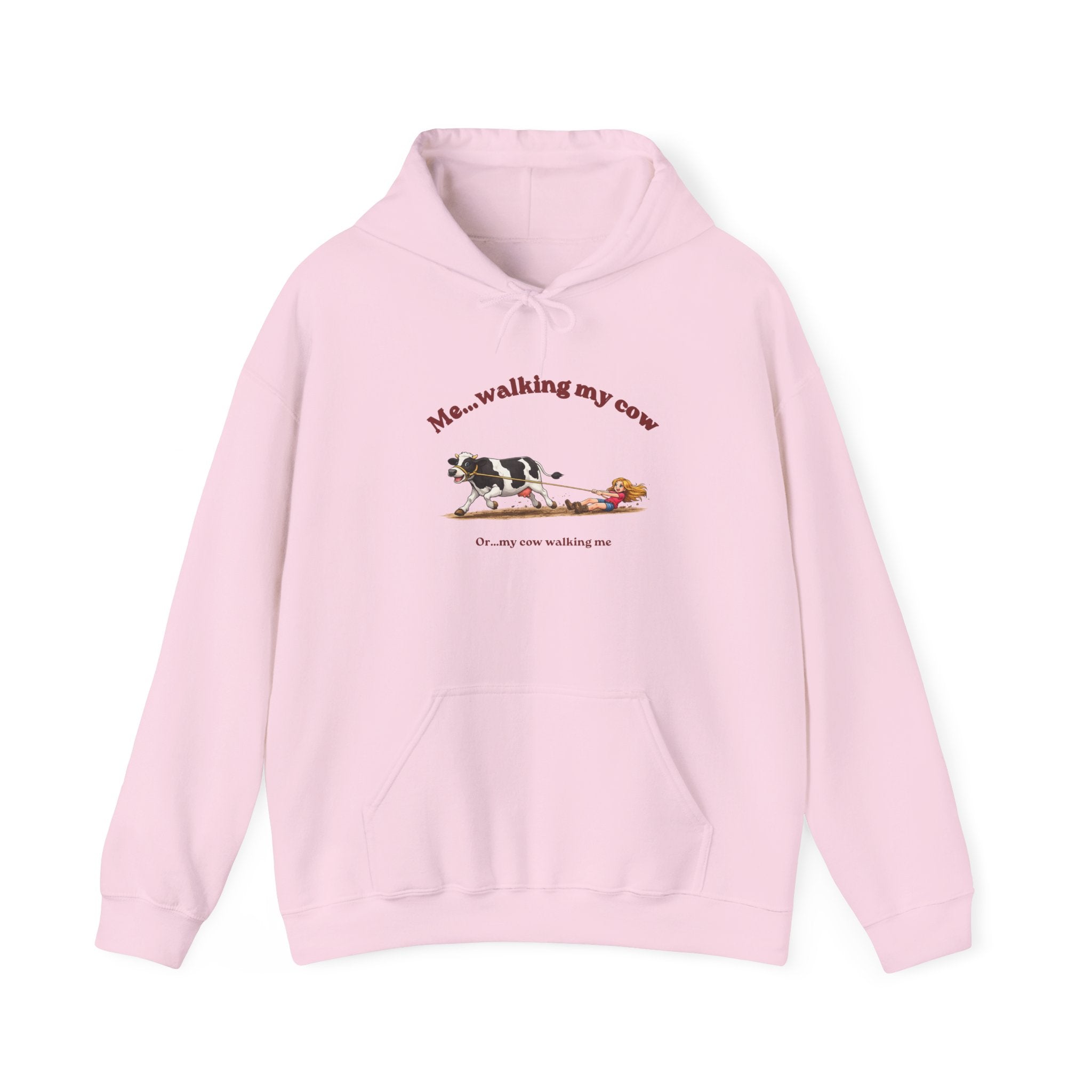 Hoodie — 'Me... walking my cow' Cute Cow Illustration Pullover-girl
