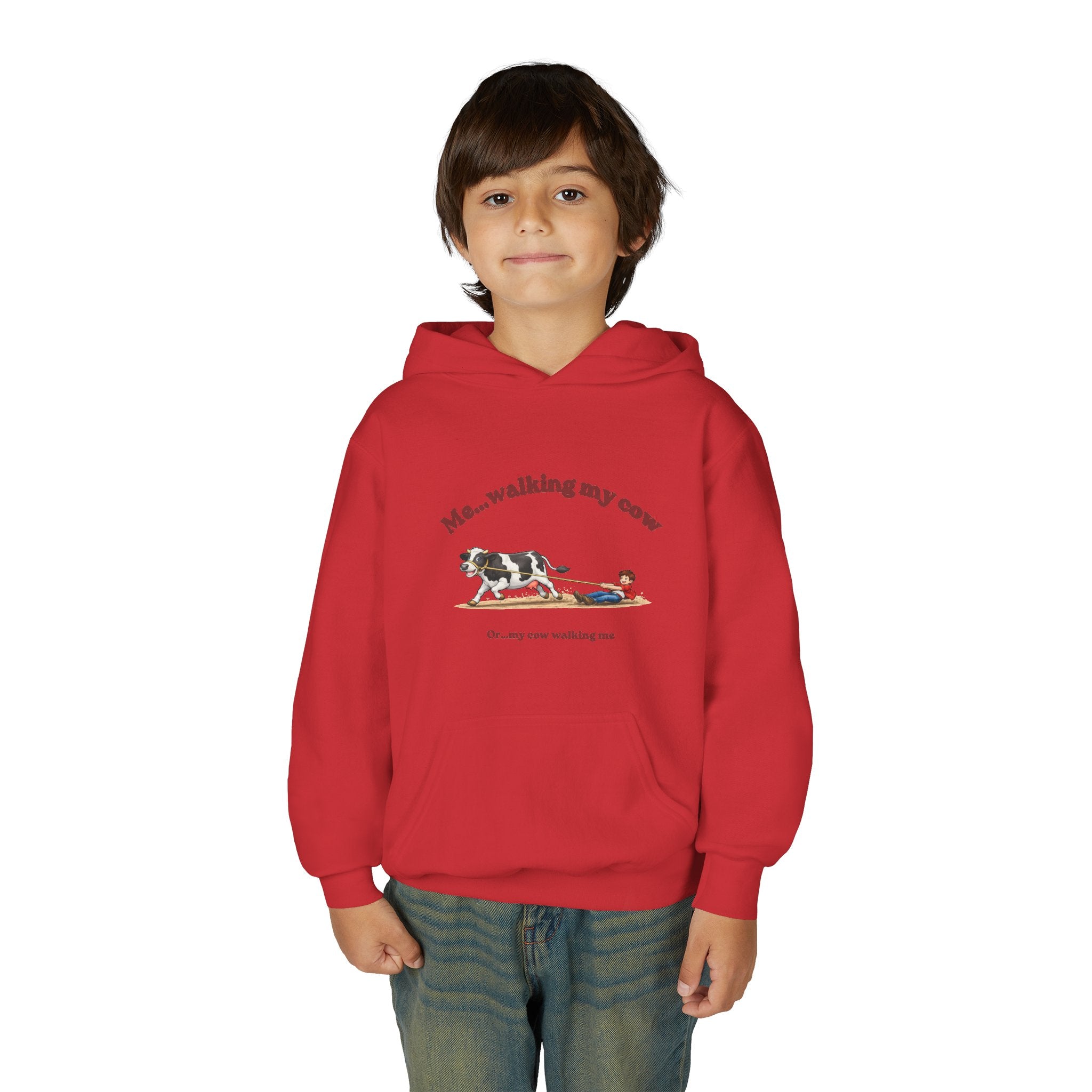 Youth Hoodie — “Me… walking my cow” Cute Kids Cow Graphic Hooded Sweatshirt-boy