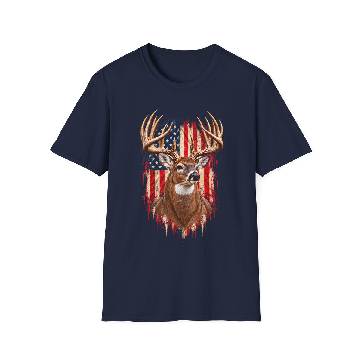 Whitetail Buck American Flag T-Shirt, Patriotic Deer Hunting Tee, Lightweight Cotton