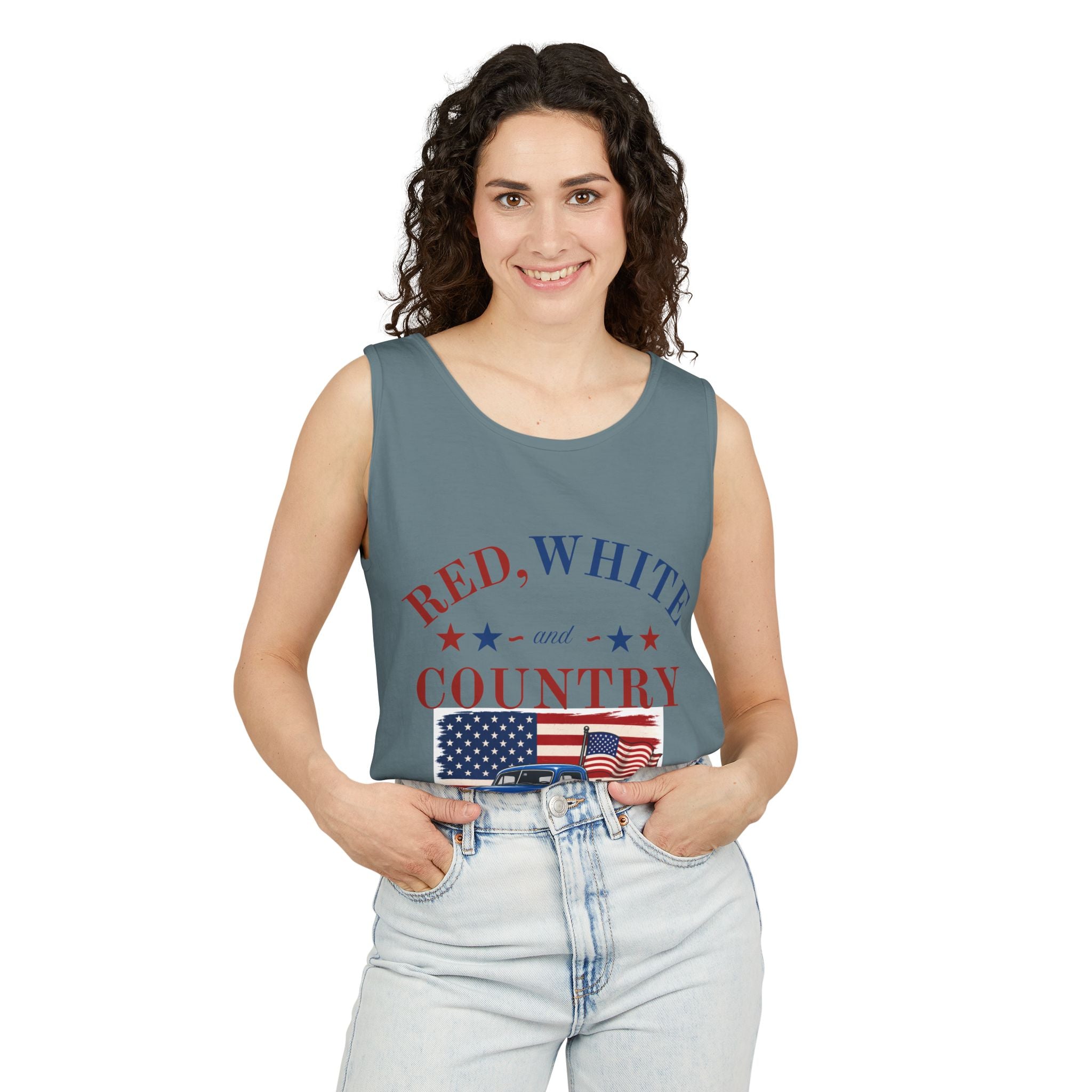 Patriotic Tank Top – "Red, White and Country" Vintage Truck | "Land of the Free" 4th of July Tank