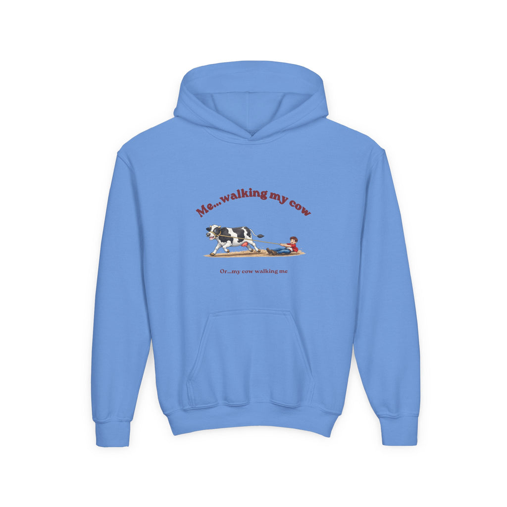 Youth Hoodie — “Me… walking my cow” Cute Kids Cow Graphic Hooded Sweatshirt-boy
