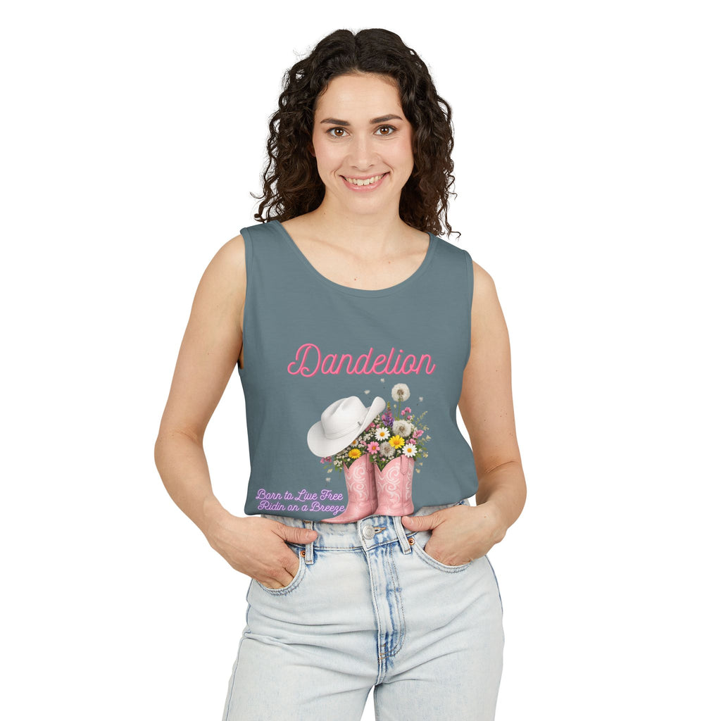 Dandelion Pink Cowboy Boots Tank Top — Floral Western Summer Tee