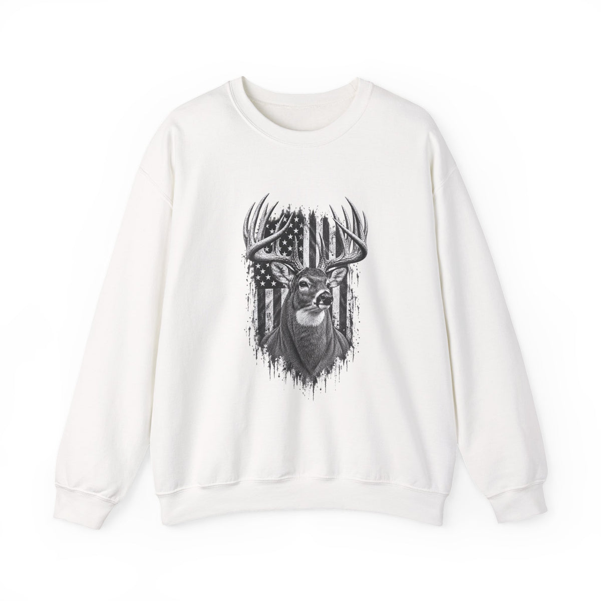 Deer Crewneck Sweatshirt with Distressed American Flag and Black and White Buck Design