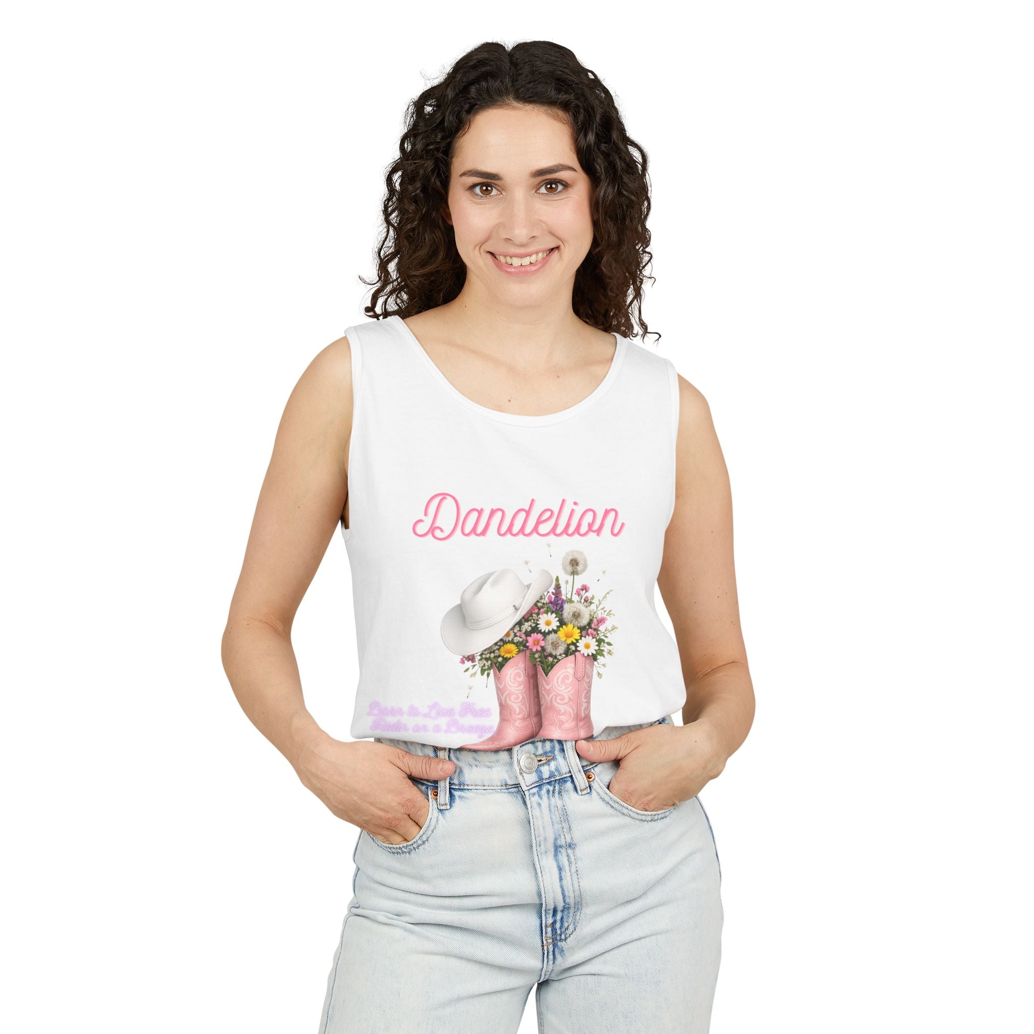Dandelion Pink Cowboy Boots Tank Top — Floral Western Summer Tee