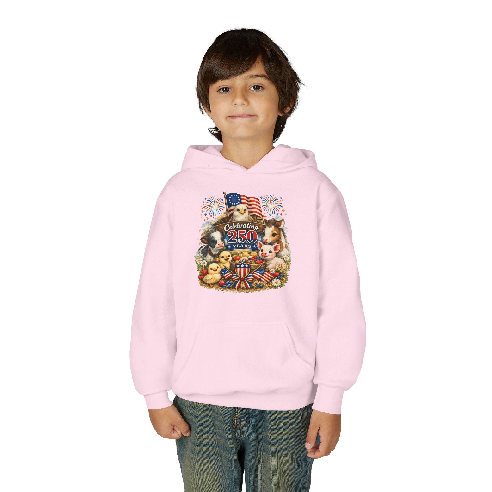 Youth 4th of July Hoodie - "Celebrate 250 Years" Cute Patriotic Animals Design
