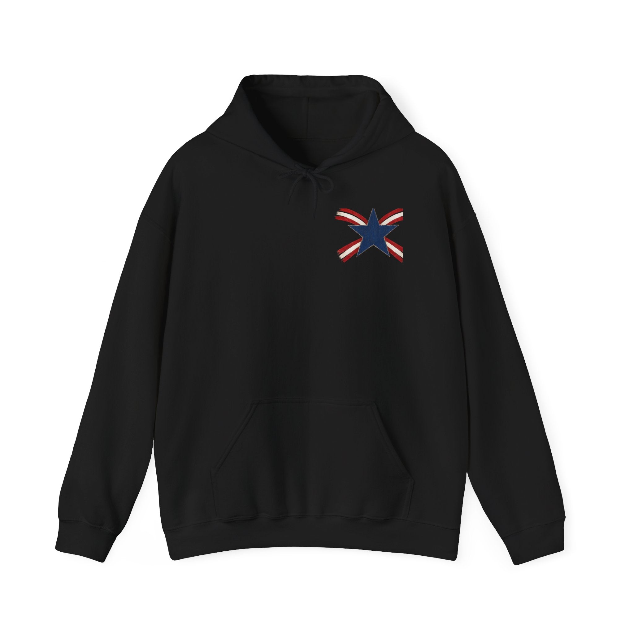 Patriotic Star & Shield Hoodie — USA Flag Graphic Pullover for 4th of July