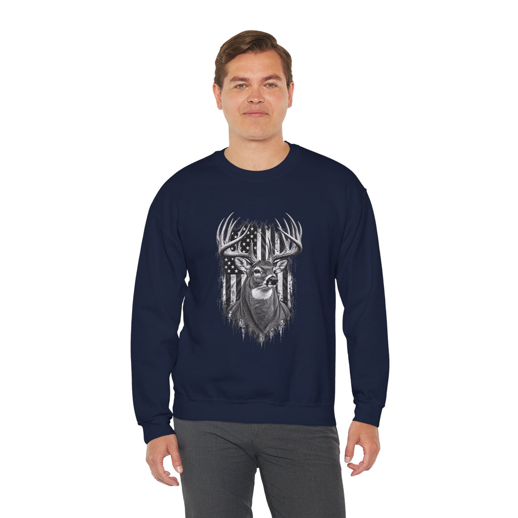 Deer Crewneck Sweatshirt with Distressed American Flag and Black and White Buck Design