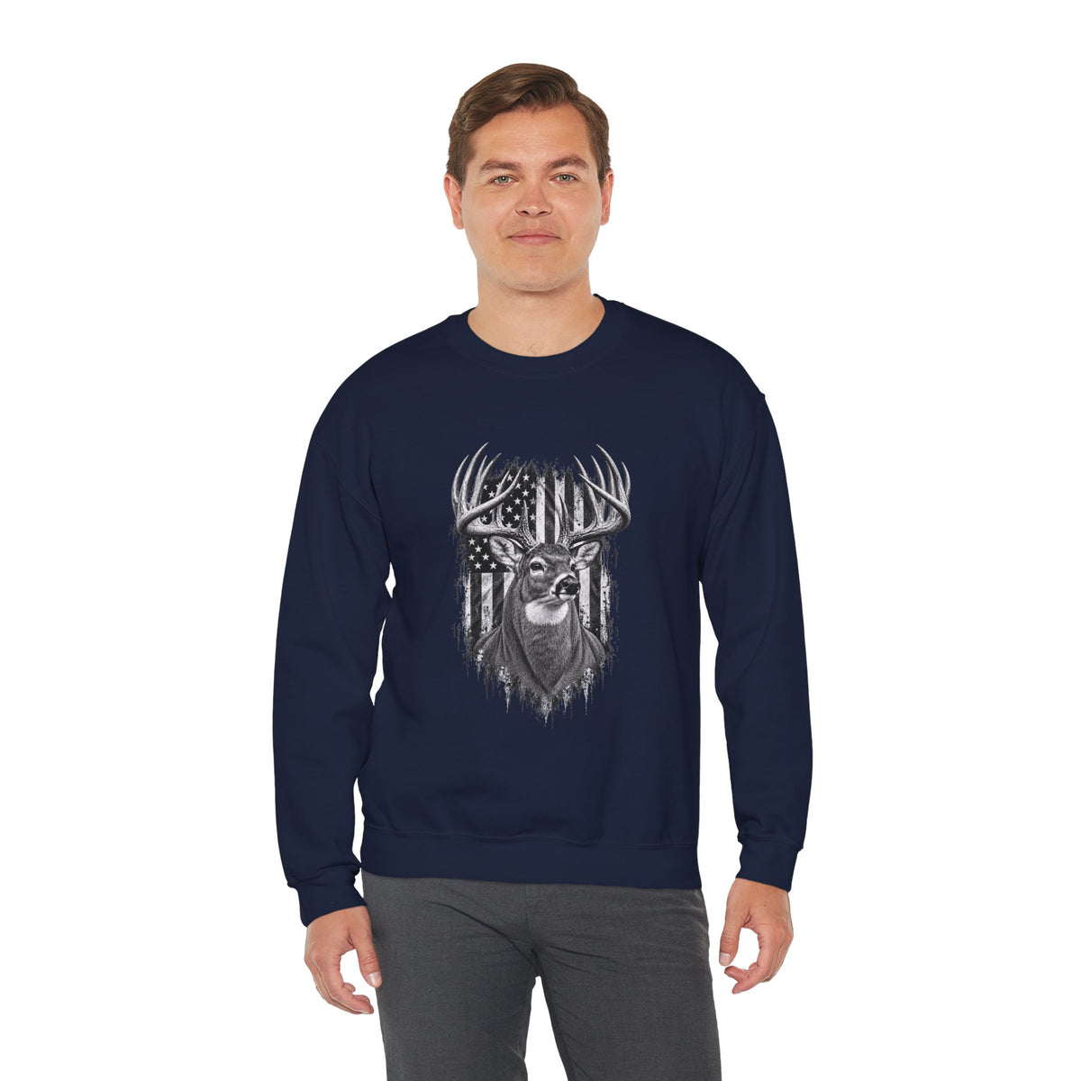 Deer Crewneck Sweatshirt with Distressed American Flag and Black and White Buck Design