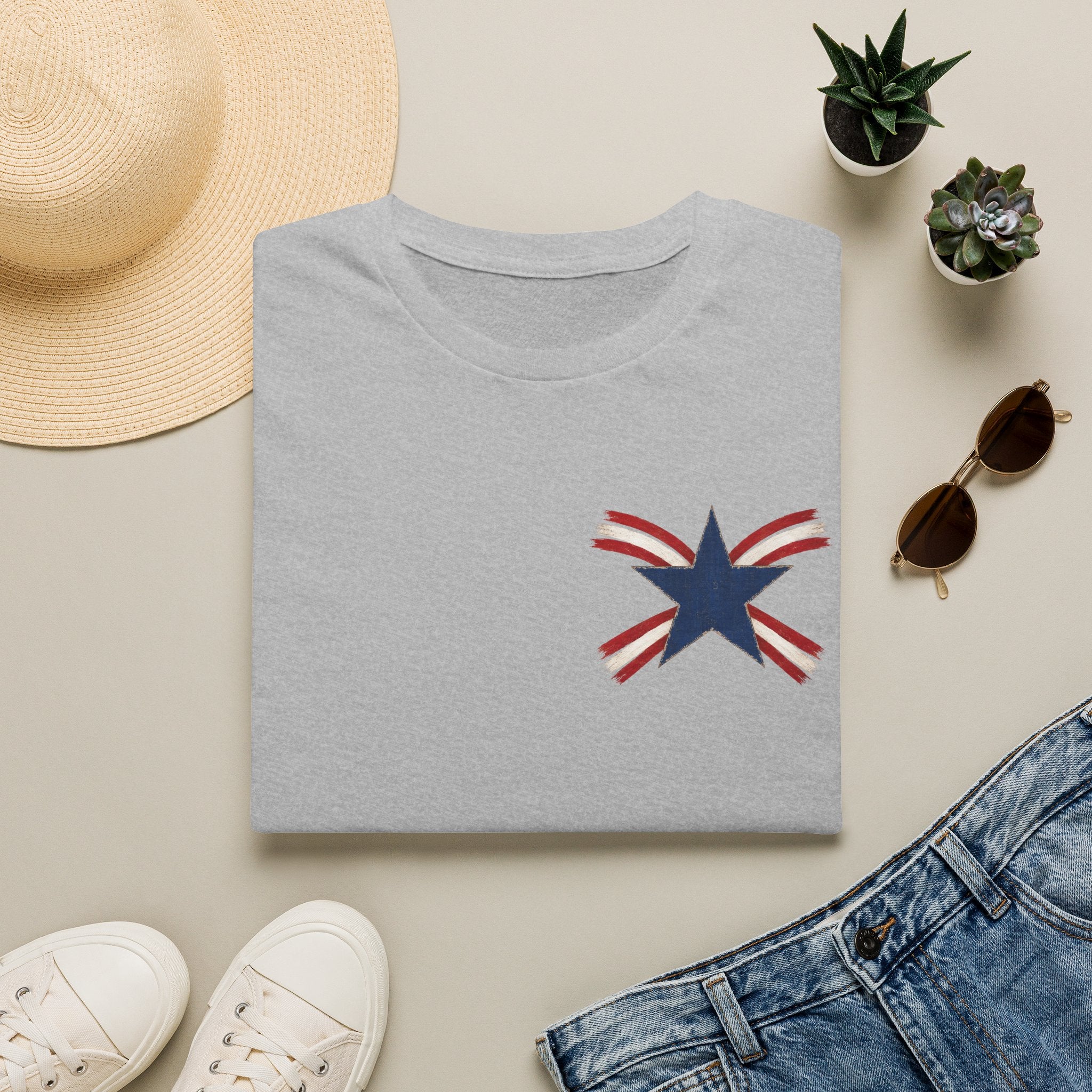 Patriotic Star Tee — Small Distressed Navy Star with Red Stripes