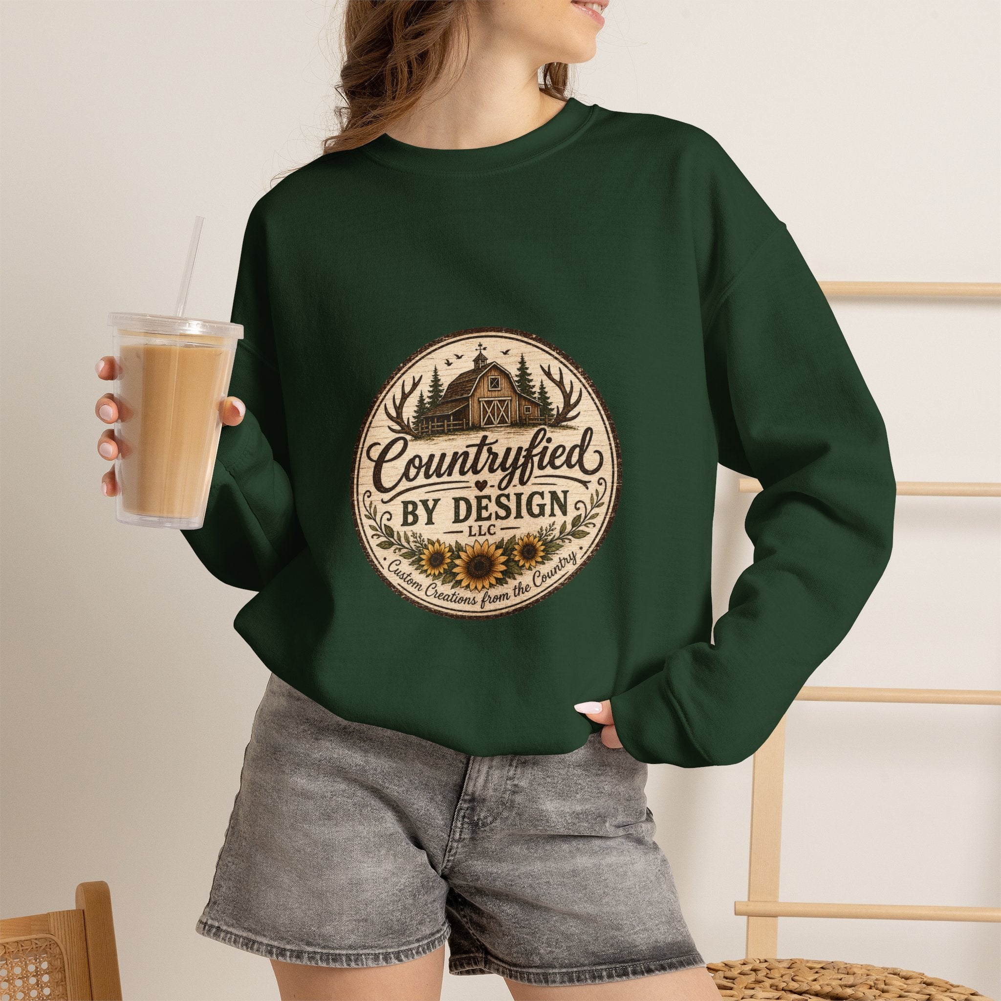 Countryfied By Design Crewneck Sweatshirt — Rustic Farmhouse Graphic Pullover
